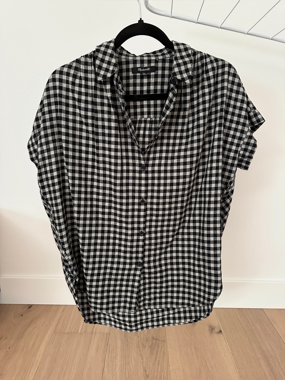 Madewell Short Sleeve Black Gingham Button-Front Top XXS, XS